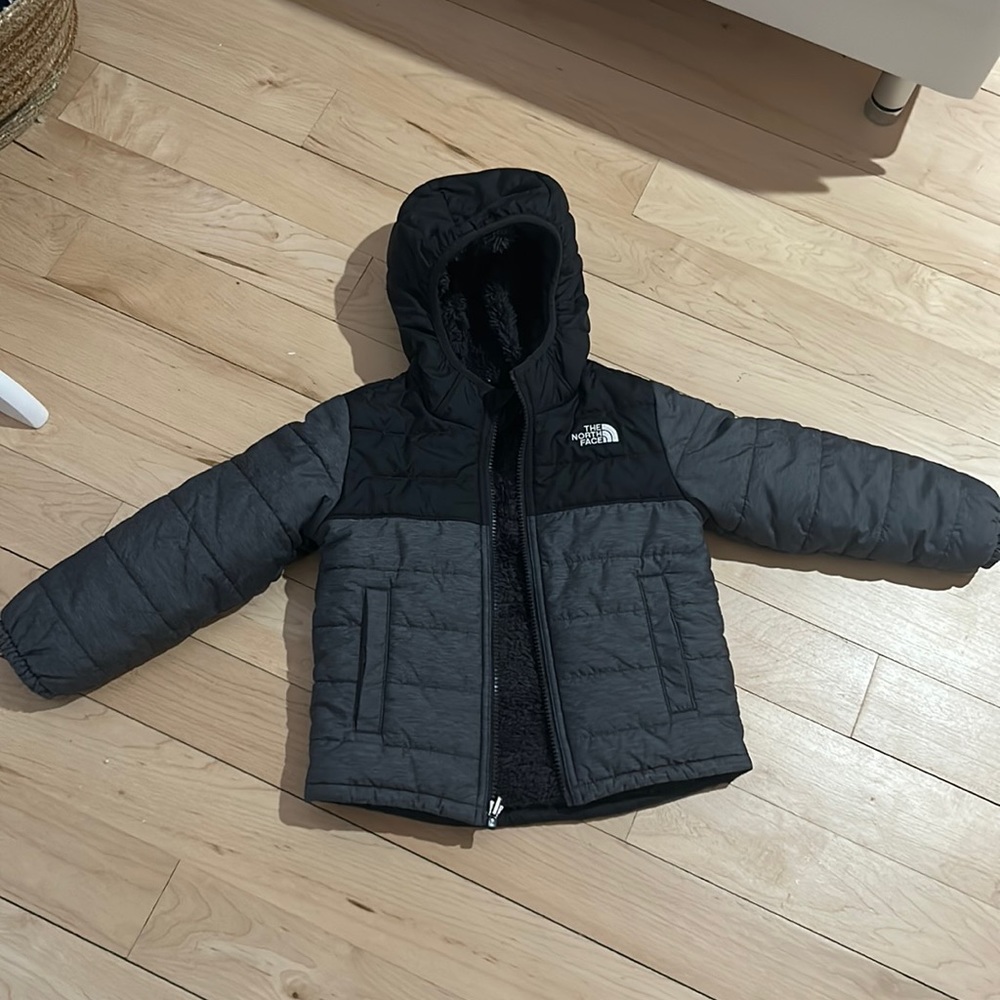 Toddlers in side out reverse able jacket fuzzy and warm for the cold days